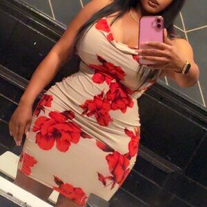 Lolly Day Floral Bodycon Dress Red White Spaghetti Strap Size L